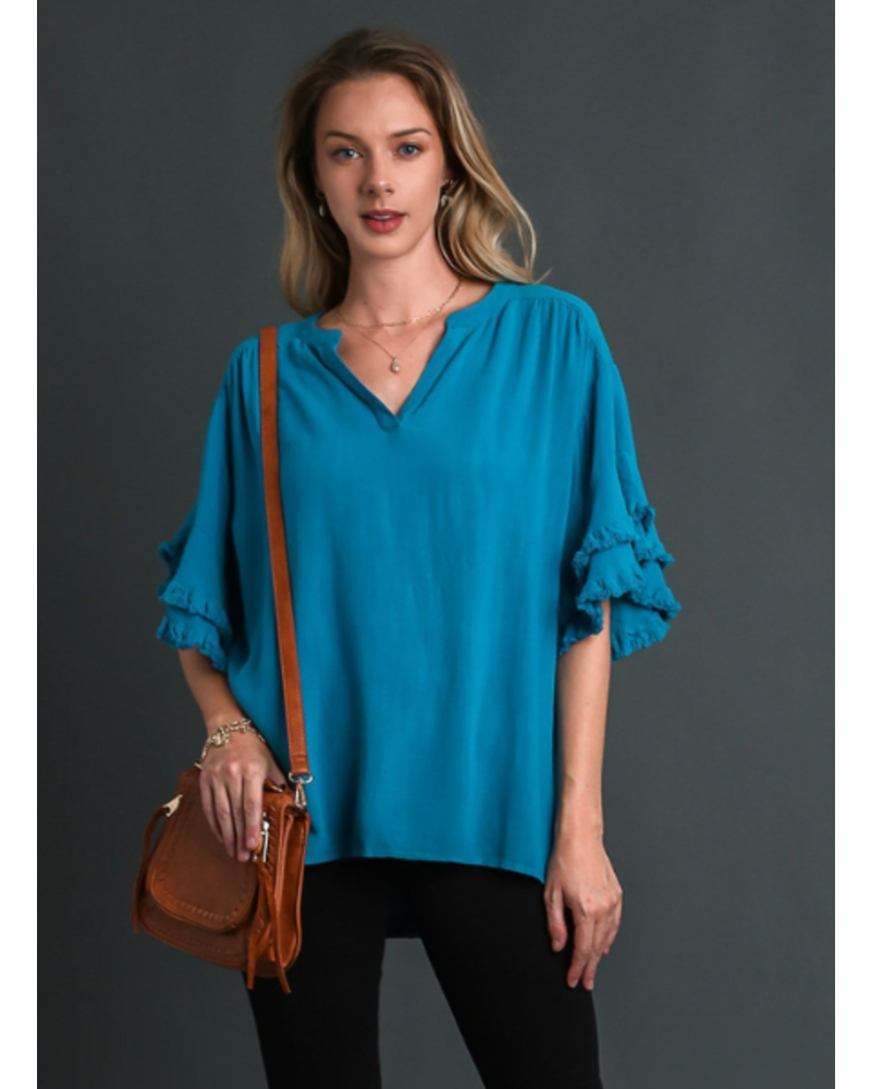 Linen V-Neck Top with Frayed Sleeves