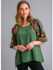 Embroidered Balloon Sleeve Top