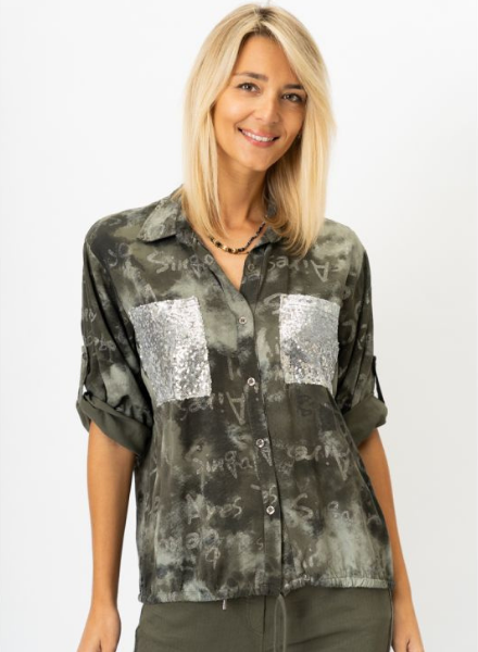 Button Down Top with Sequin Pockets