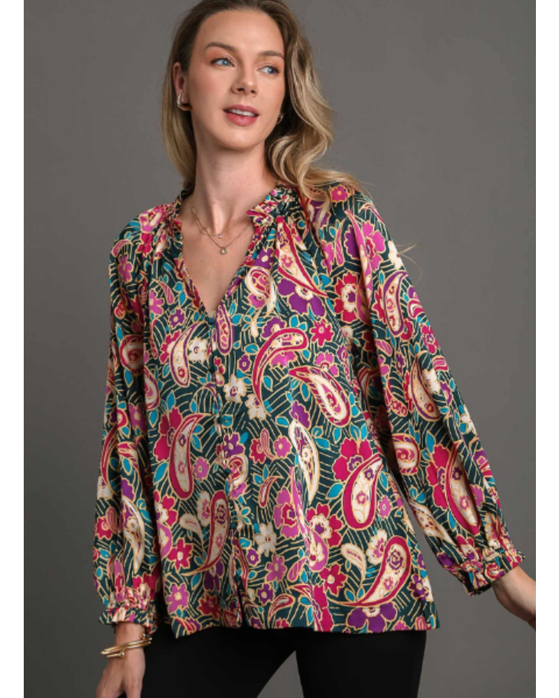 Paisley Satin Button Down Blouse