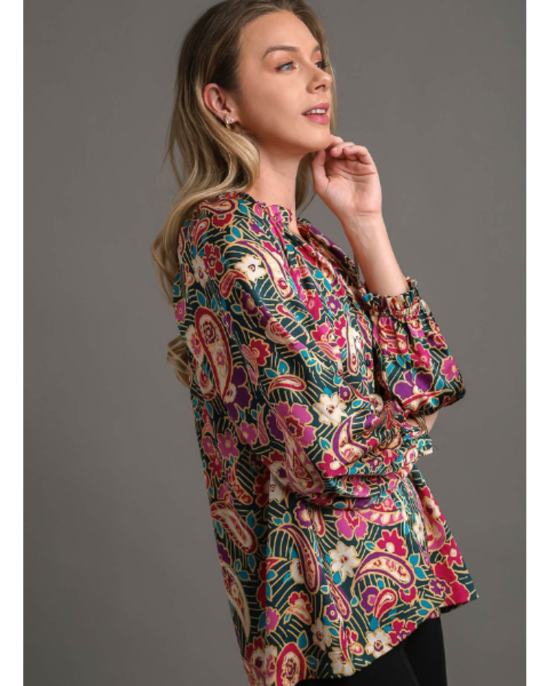 Paisley Satin Button Down Blouse