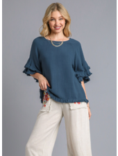 Double Ruffle Sleeve Frayed Top