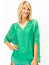 V-Neck Ruffle Hem Silk Blouse