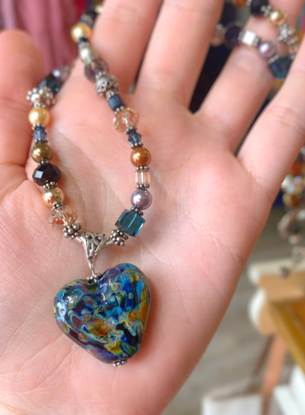 Turquoise Heart Lampglass Bead Necklace