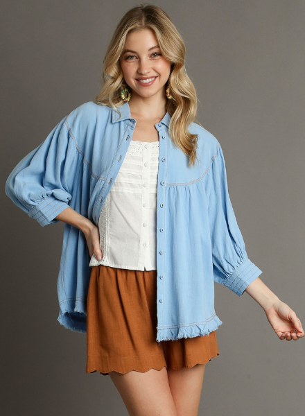 Linen Blend Pleated Button Down