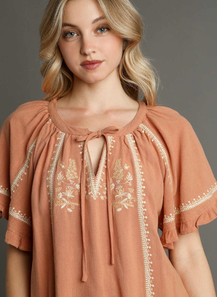 Embroidered Flutter Sleeve Tie Neck Top