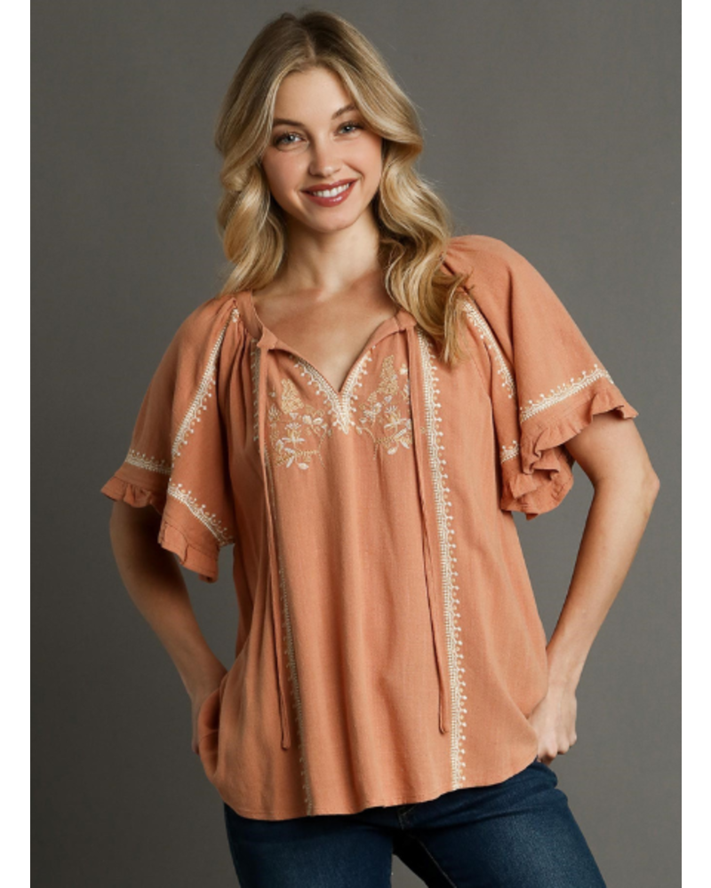 Embroidered Flutter Sleeve Tie Neck Top