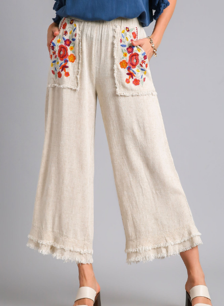 Wide Leg Linen Pants with Embroidered Pockets