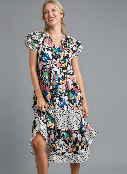 Dalmatian and Floral Mixed Print Midi Dress