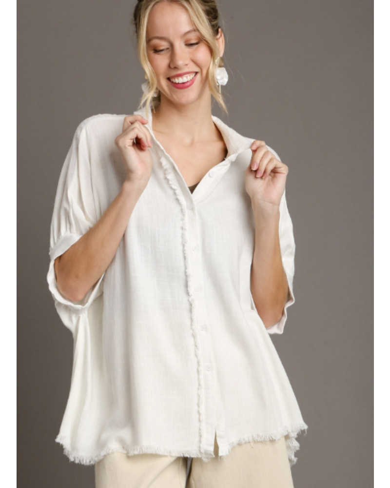 Oversized Collared Top with Frayed Hem