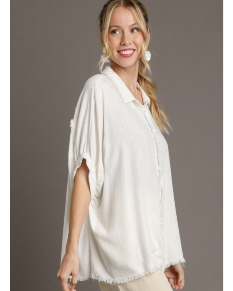 Oversized Collared Top with Frayed Hem