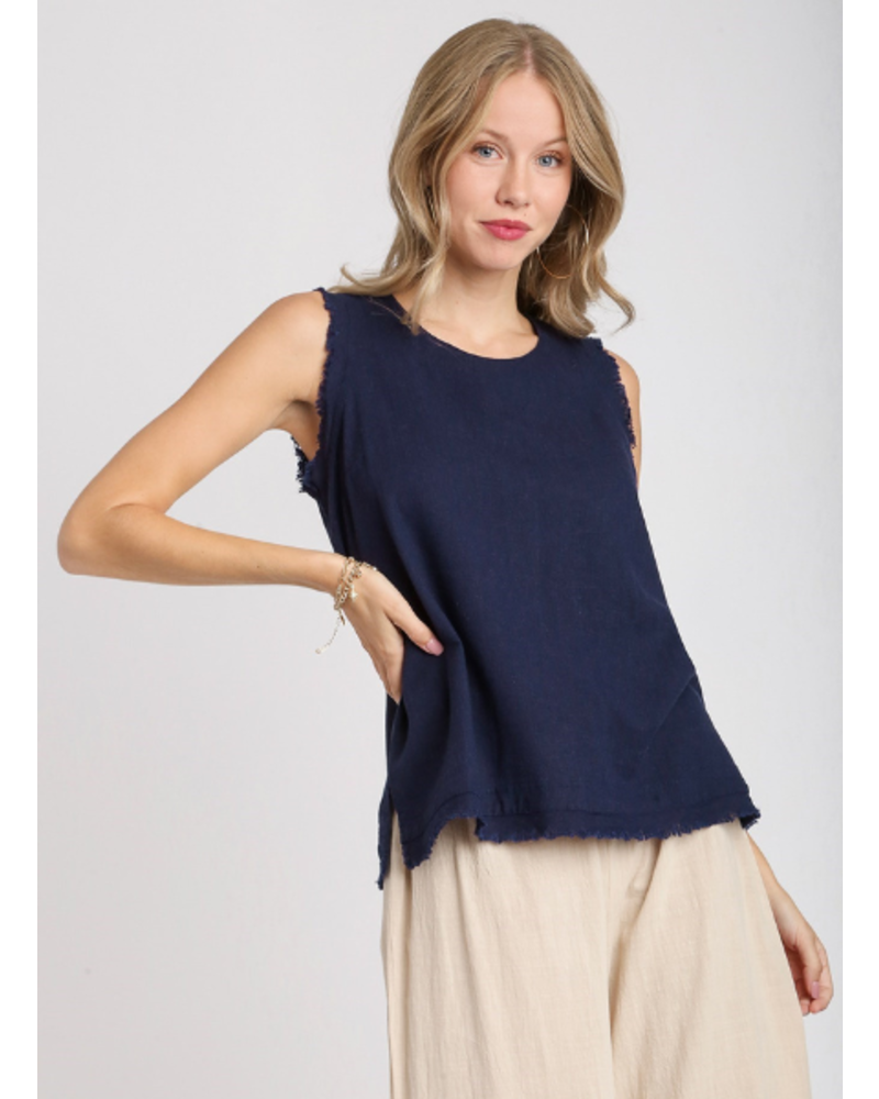 Sleeveless Frayed Top with Button Back