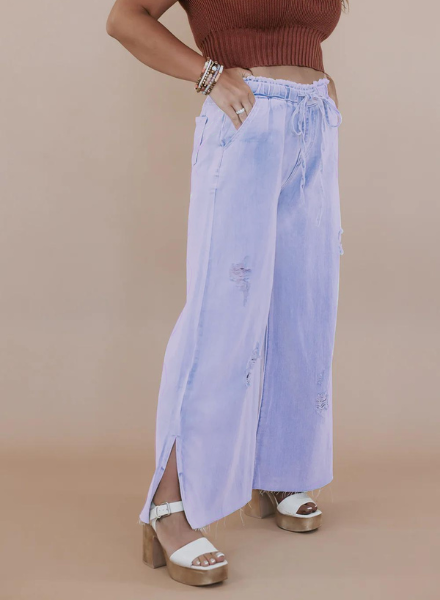 Distressed Side Slit Wide Leg Pants