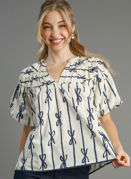 Bow Printed Puff Sleeve Blouse