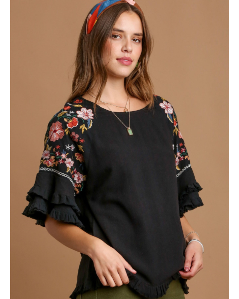 Double Ruffle Embroidered Sleeve Top