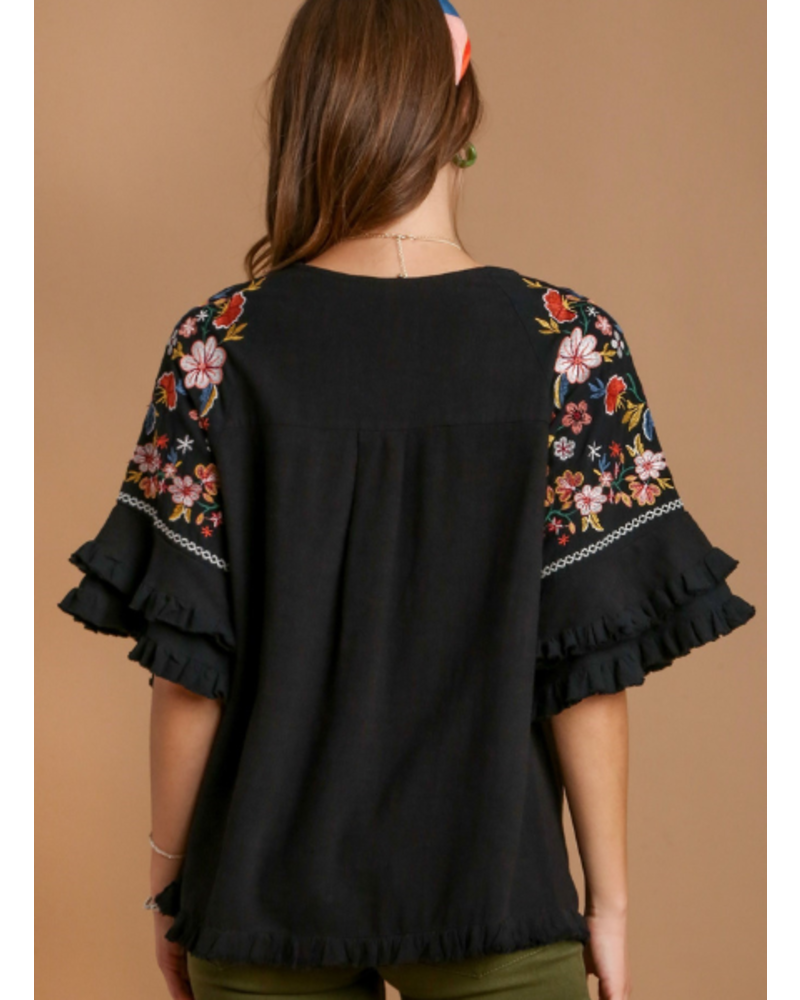 Double Ruffle Embroidered Sleeve Top