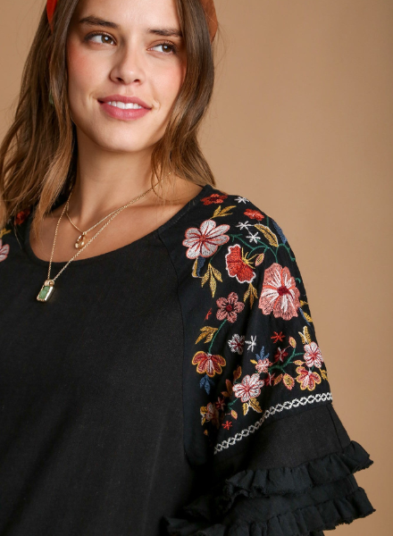 Double Ruffle Embroidered Sleeve Top