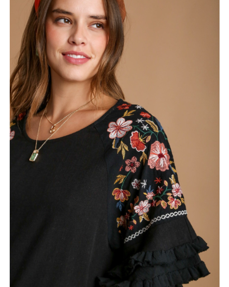 Double Ruffle Embroidered Sleeve Top