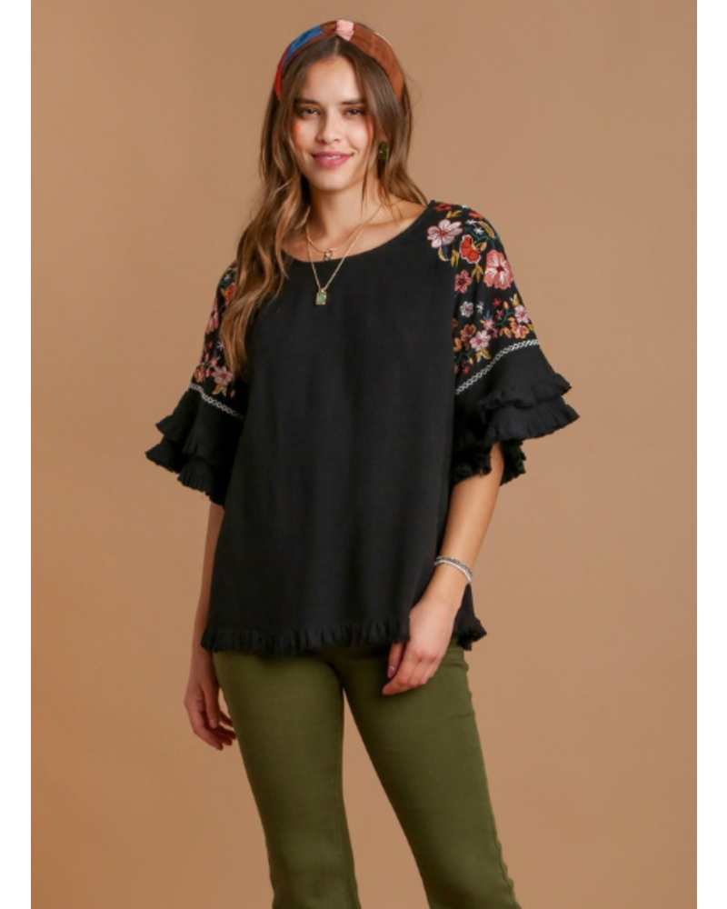Double Ruffle Embroidered Sleeve Top