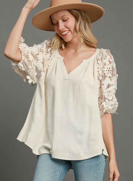 3D Floral Cutout Sleeve V-Neck Top