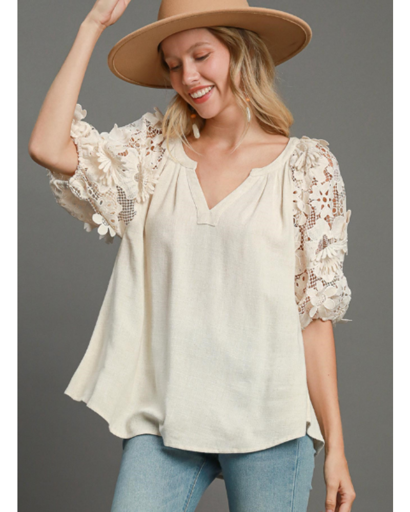 3D Floral Cutout Sleeve V-Neck Top - Trader Rick's for the