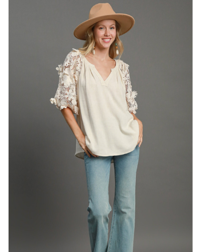 3D Floral Cutout Sleeve V-Neck Top