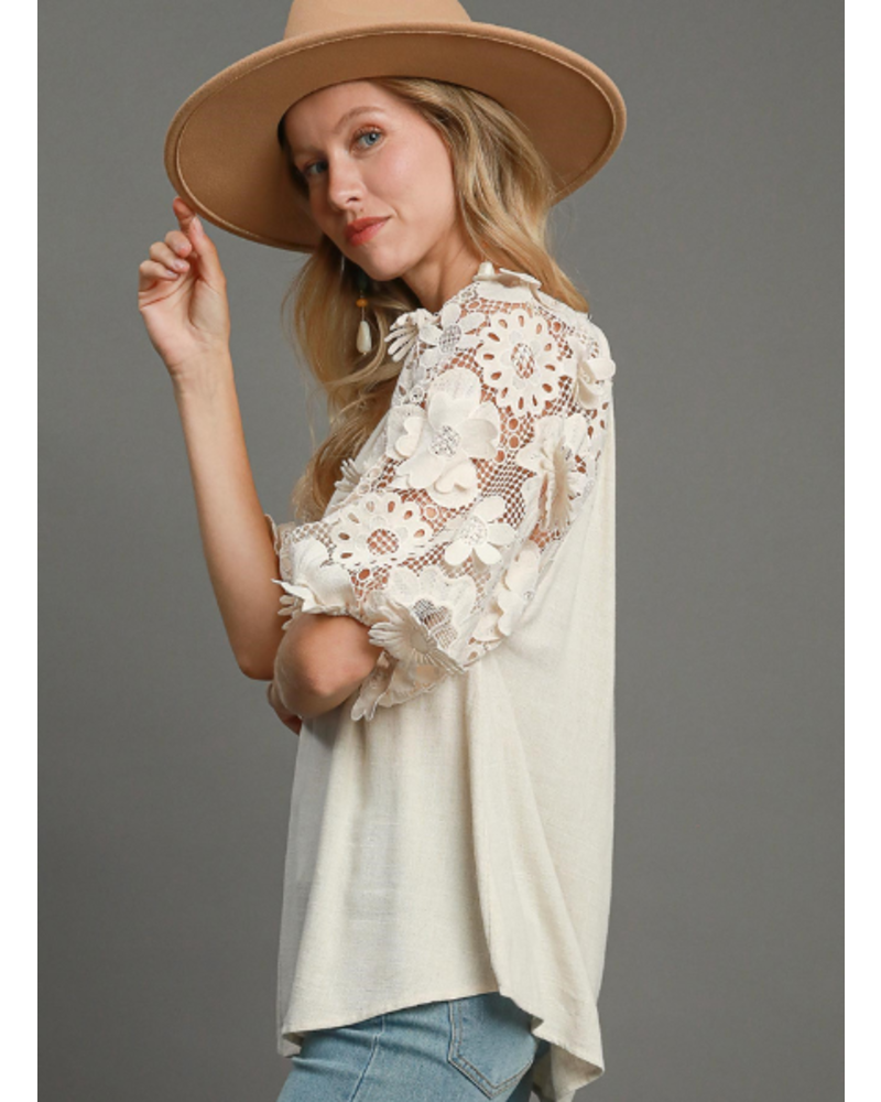 3D Floral Cutout Sleeve V-Neck Top