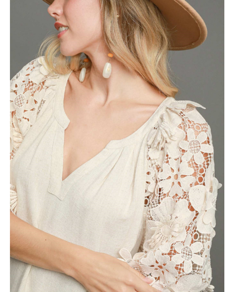 3D Floral Cutout Sleeve V-Neck Top