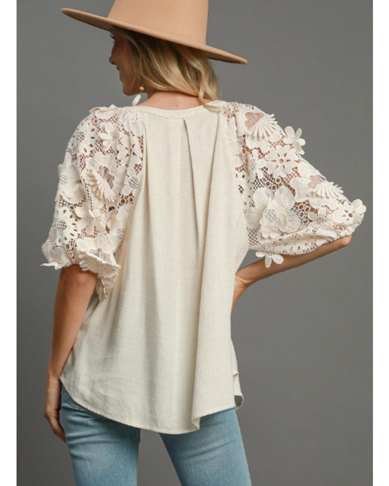 3D Floral Cutout Sleeve V-Neck Top