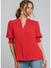 Smocked Sleeve Blouse with Split Neckline