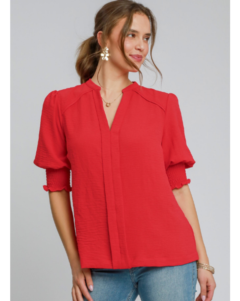 Smocked Sleeve Blouse with Split Neckline