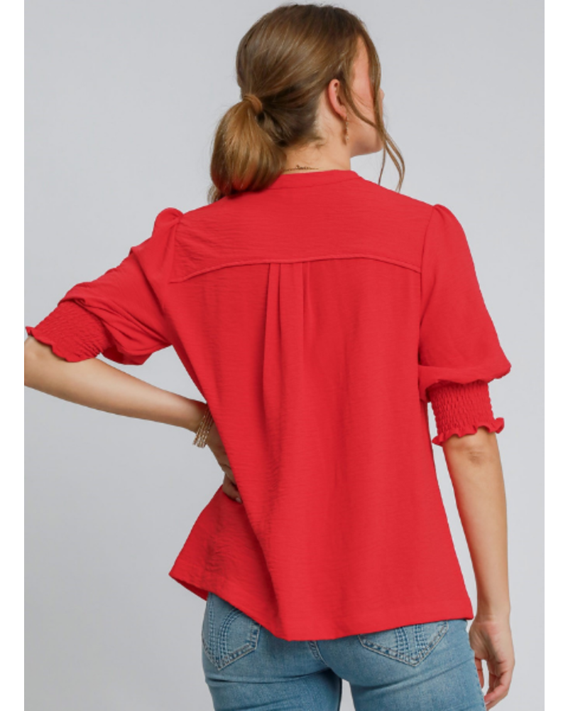 Smocked Sleeve Blouse with Split Neckline