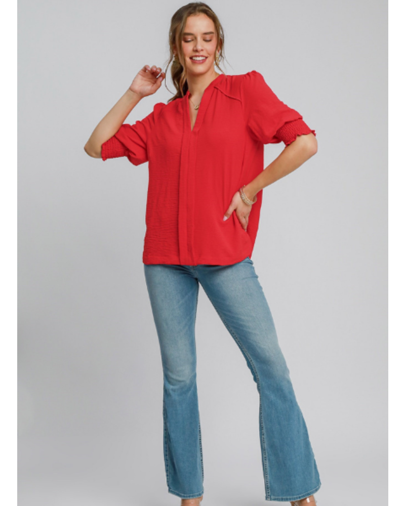 Smocked Sleeve Blouse with Split Neckline