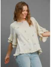 Embroidered Bows Ruffle Sleeve Top