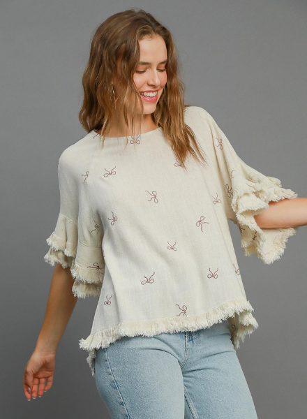 Embroidered Bows Ruffle Sleeve Top
