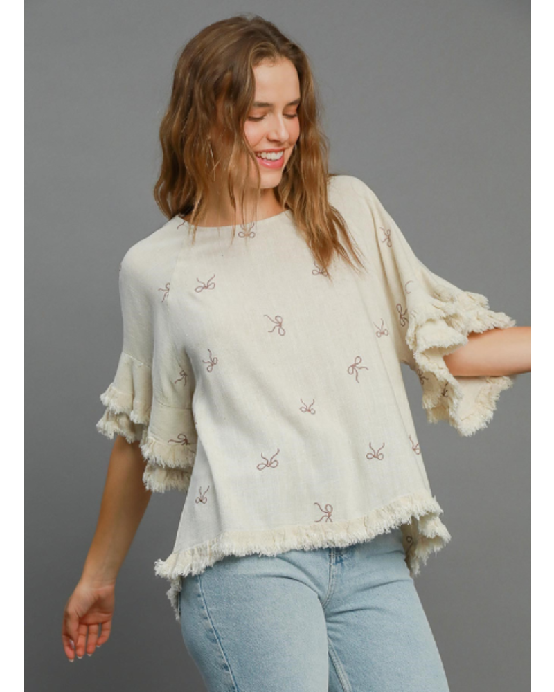Embroidered Bows Ruffle Sleeve Top
