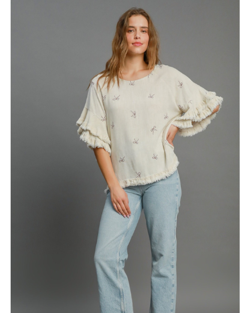 Embroidered Bows Ruffle Sleeve Top