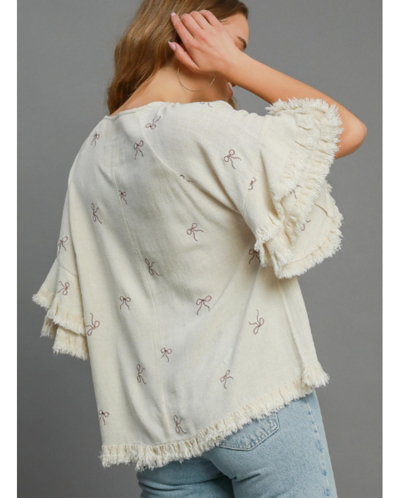 Embroidered Bows Ruffle Sleeve Top