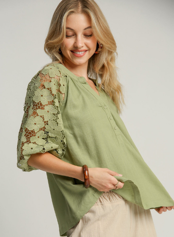 Floral Lace Sleeve Split Neck Top