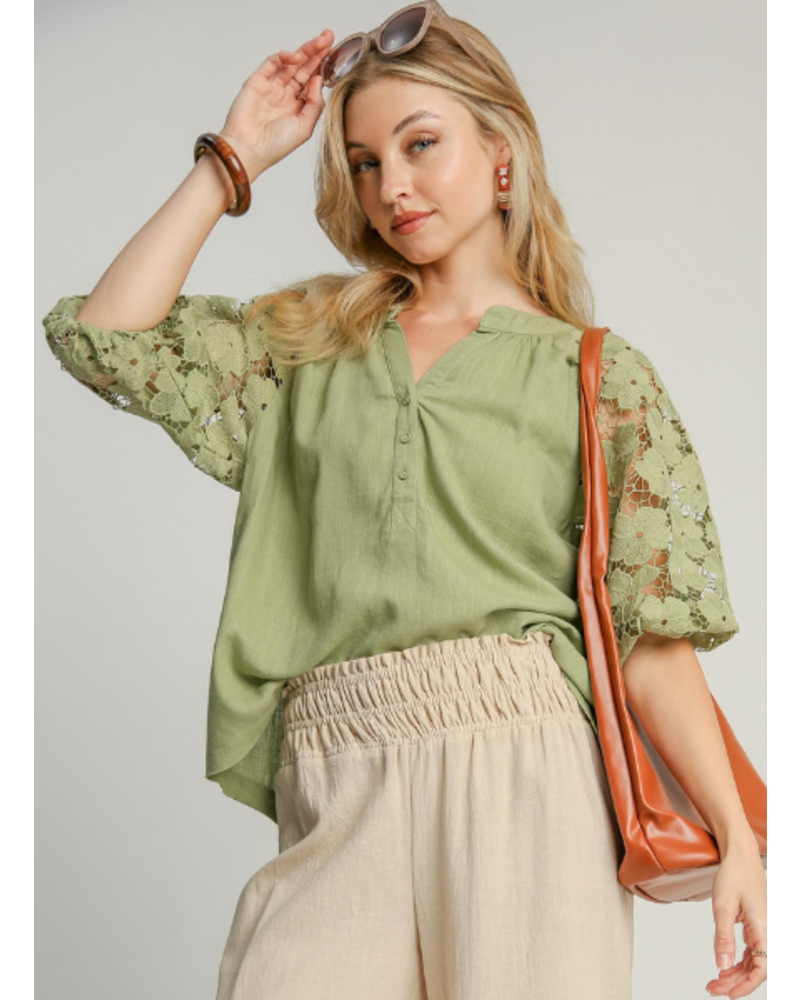 Floral Lace Sleeve Split Neck Top