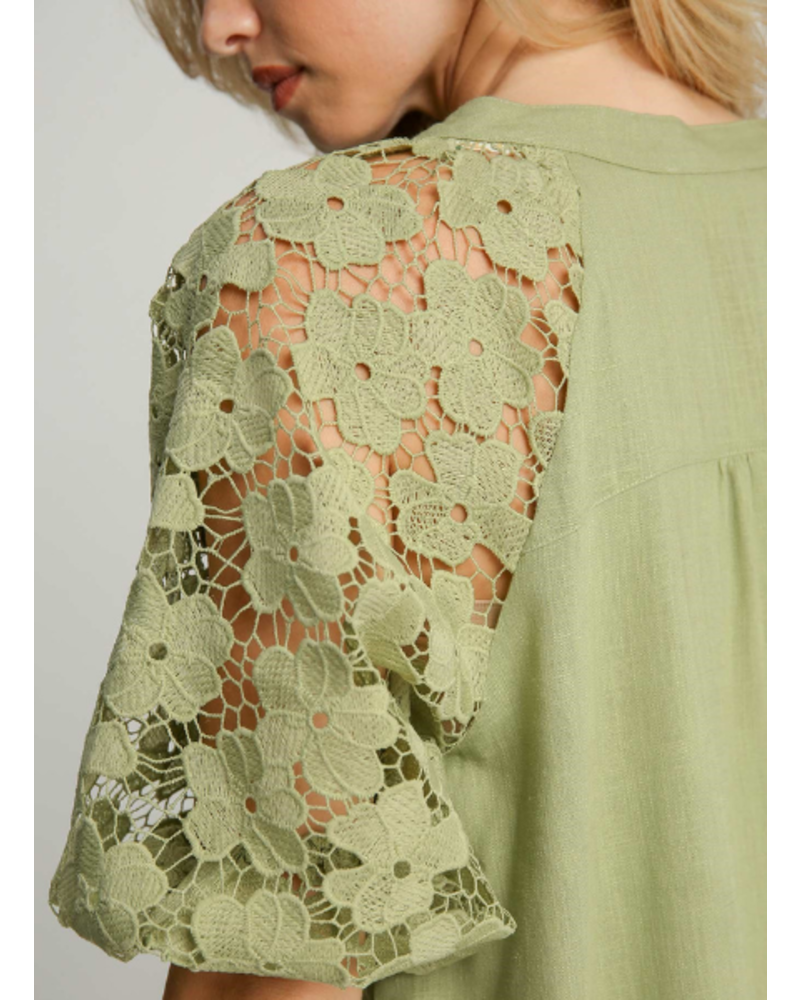 Floral Lace Sleeves Split Neck Top - Trader Rick's for the