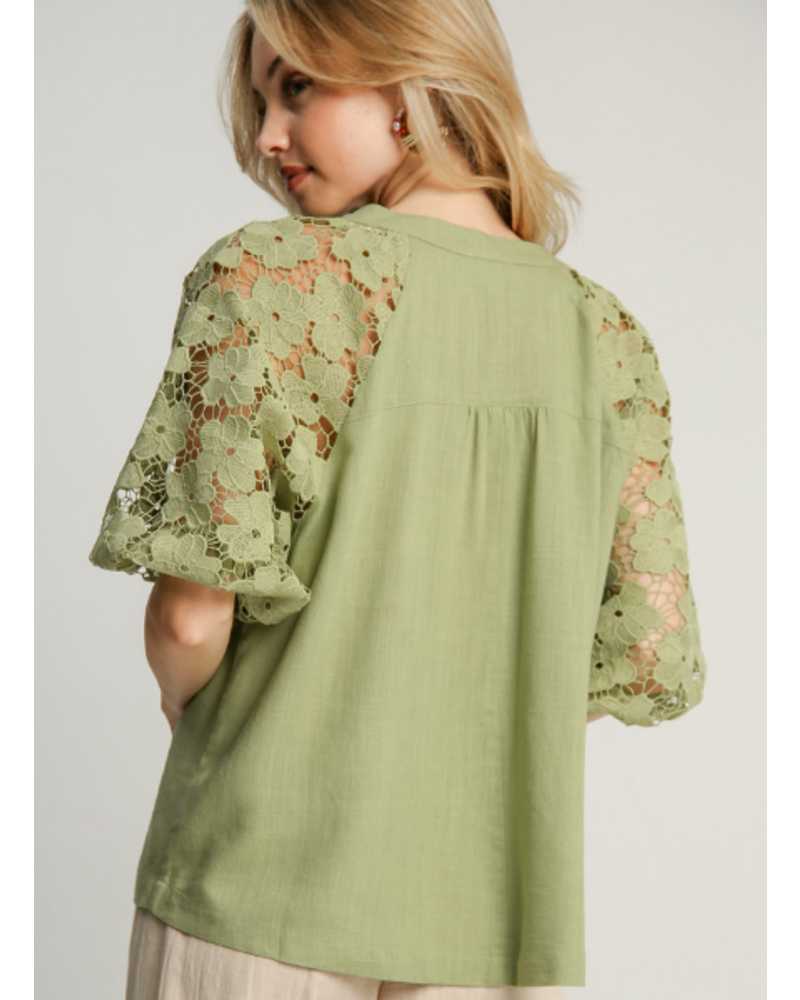 Floral Lace Sleeves Split Neck Top - Trader Rick's for the