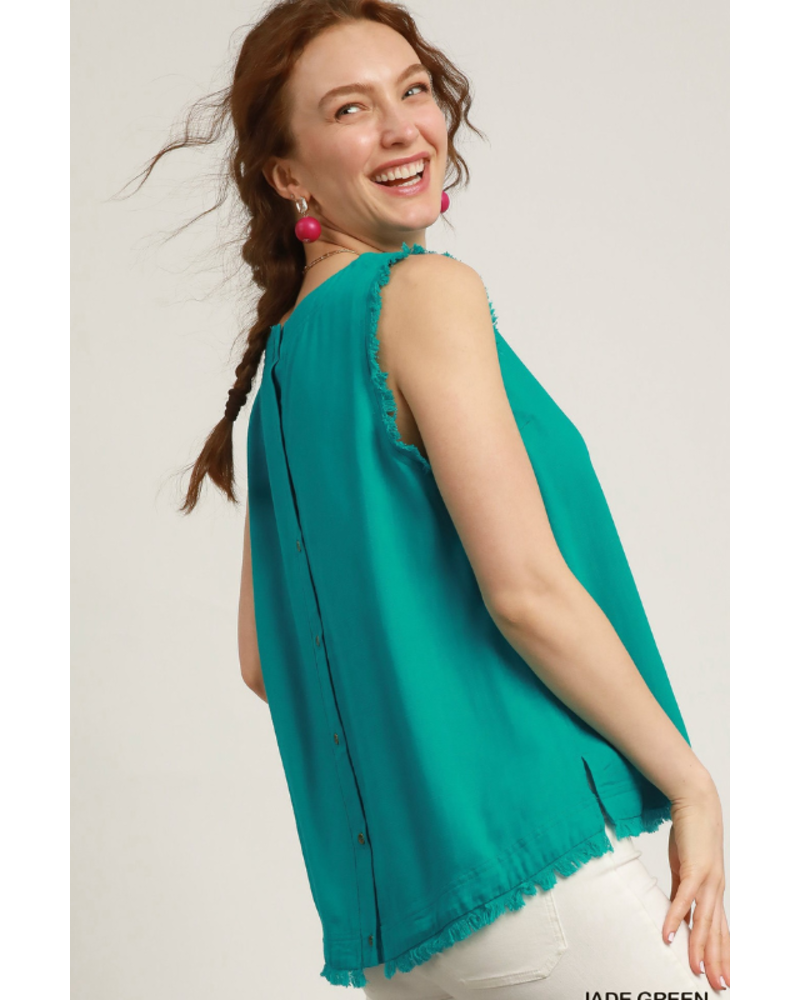 Button Back Frayed Edge Sleeveless Top