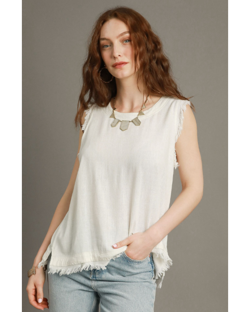 Button Back Frayed Edge Sleeveless Top