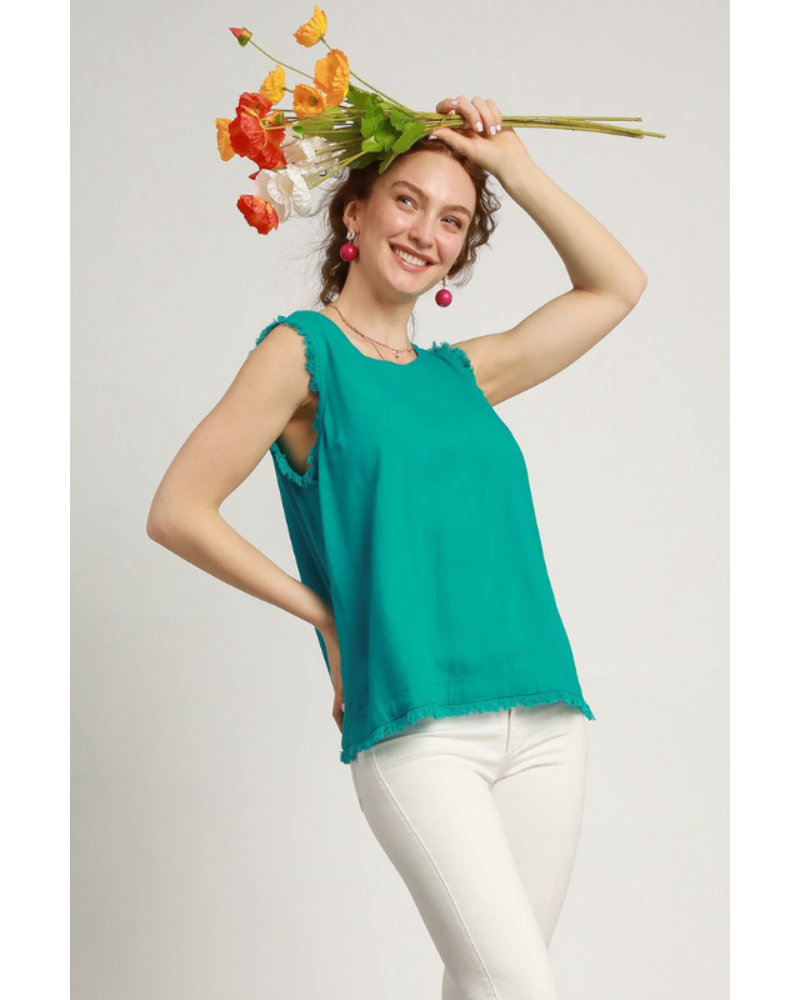Button Back Frayed Edge Sleeveless Top