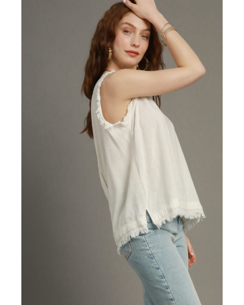 Button Back Frayed Edge Sleeveless Top