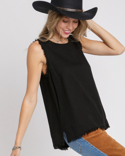 Button Back Frayed Edge Sleeveless Top - Trader Rick's for
