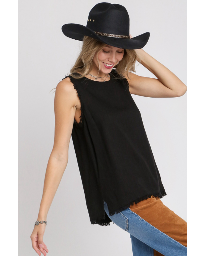 Button Back Frayed Edge Sleeveless Top