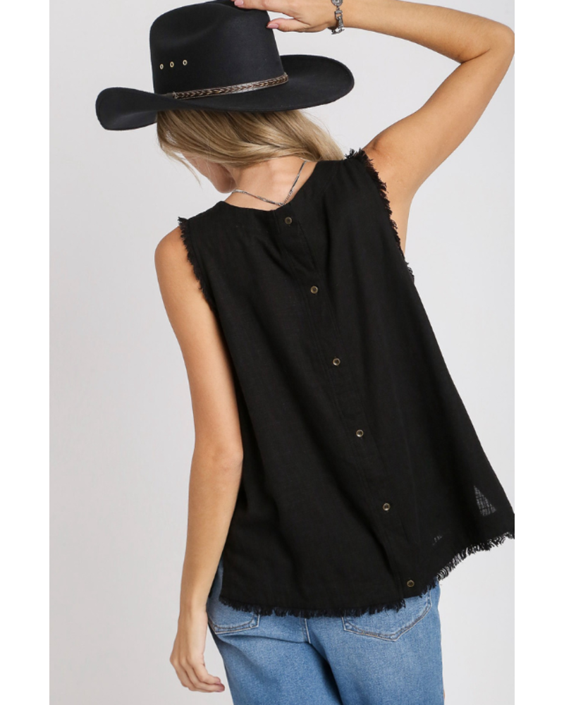 Button Back Frayed Edge Sleeveless Top