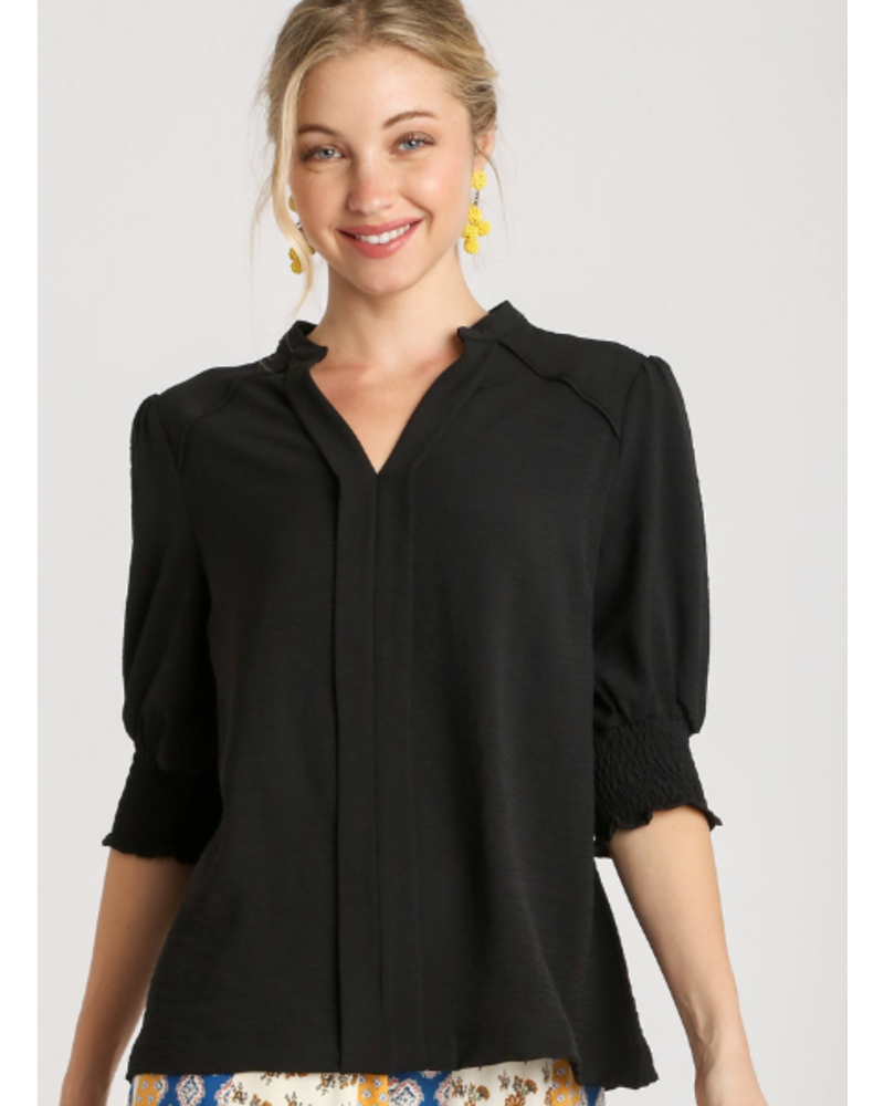 Smocked Sleeve Blouse with Split Neckline
